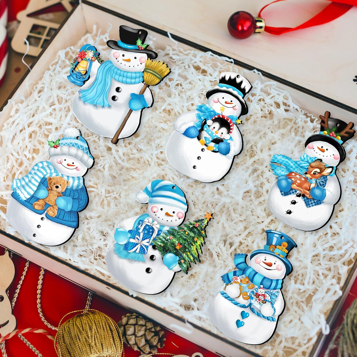 24 Pieces Christmas Snowman Wooden Ornaments Wood Hanging Decoration Set for Christmas Tree Hanging