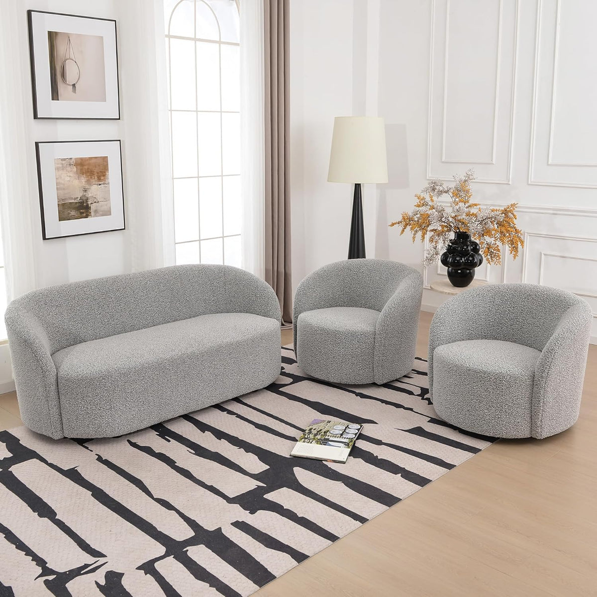 KINWELL 34" W Swivel Barrel Chair Set of 2, Mid Century Modern Round Upholstered Boucle Swivel