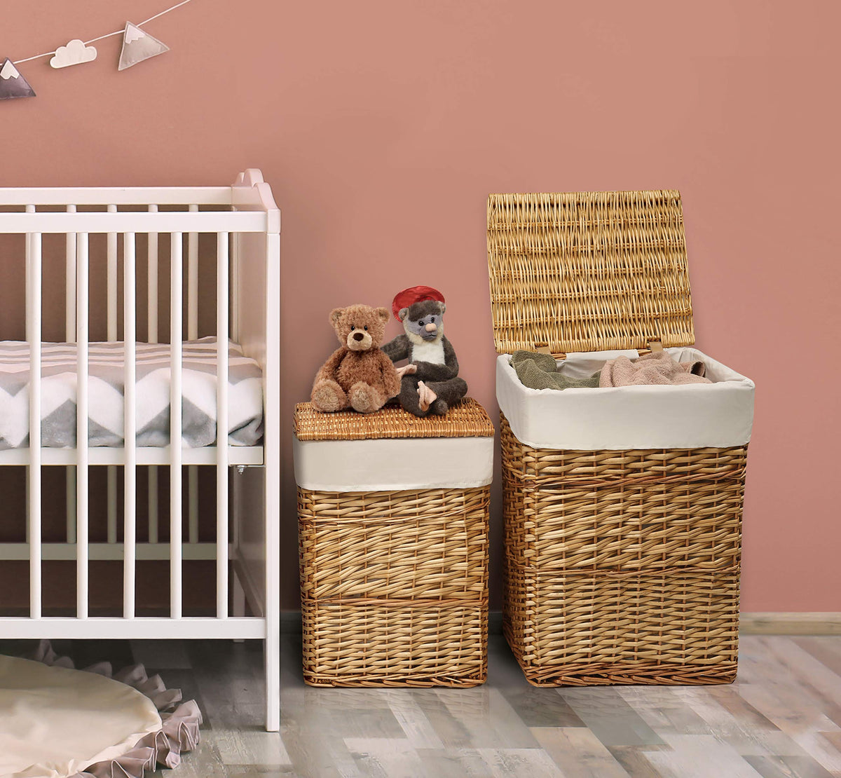 Badger Basket Wicker Two Hamper Set with Liner – Removable Liner, Nesting Hampers for Laundry and