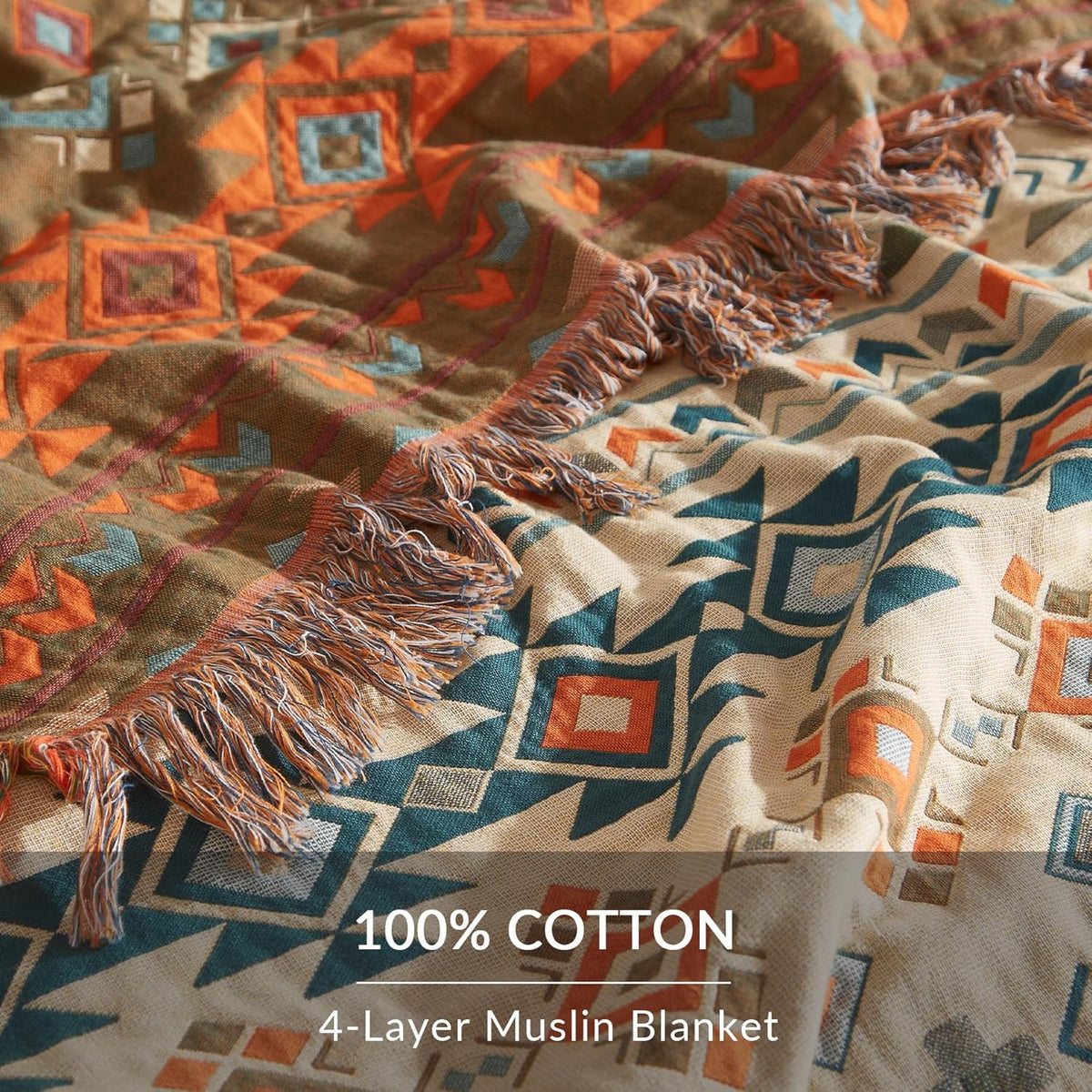 Boho Throw Blanket for Couch Sofa Bed, 100% Cotton Woven Quilt with Tassel 60”x80”, Super Soft