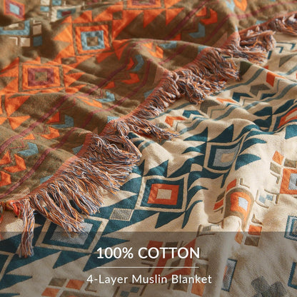 Boho Throw Blanket for Couch Sofa Bed, 100% Cotton Woven Quilt with Tassel 60”x80”, Super Soft