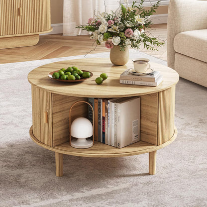 Round Coffee Table with Storage,Fluted Table with 360°Curved Sliding Doors,Solid Wood Legs, Mid
