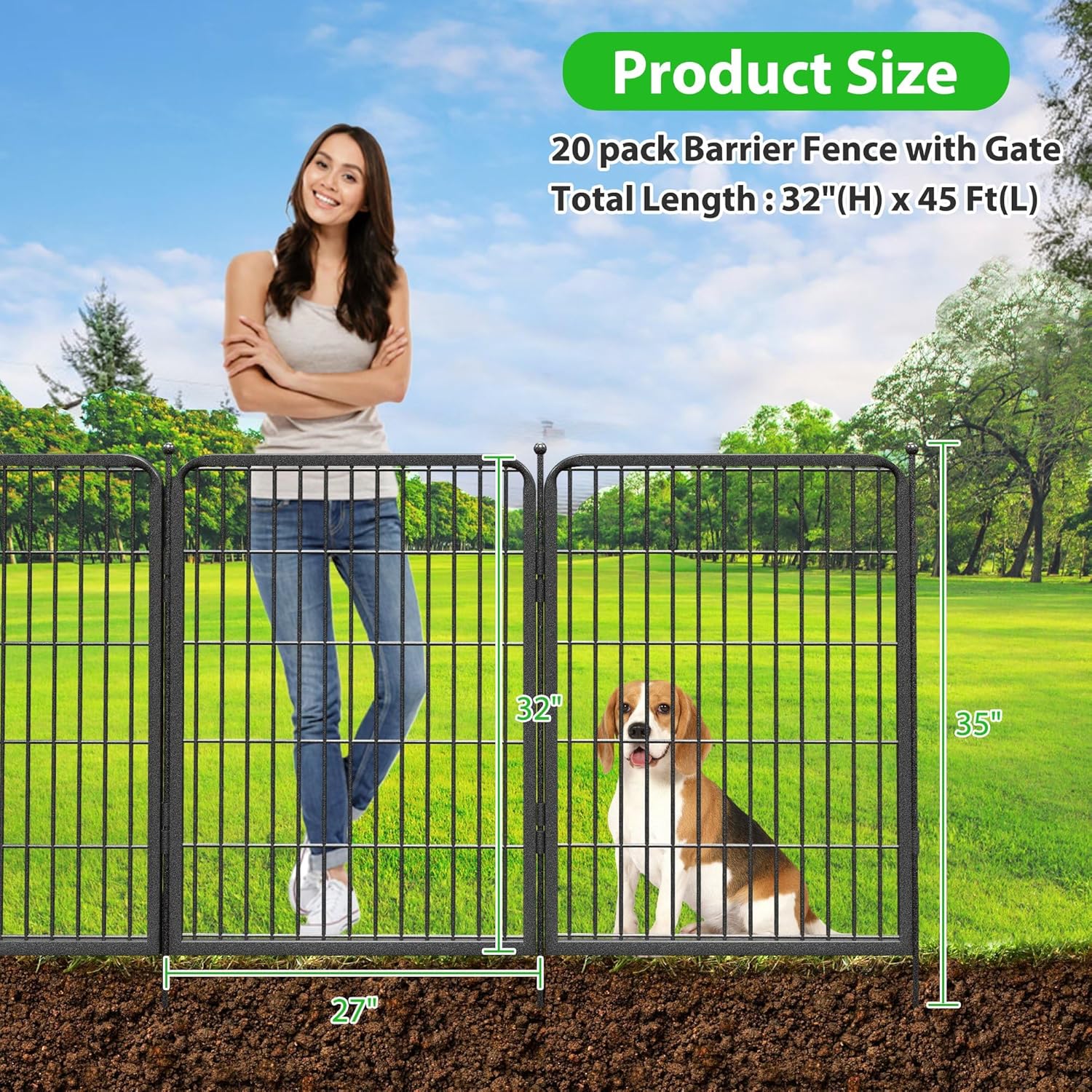 Decorative Black Metal Fencing Garden Fence with Gate, 46ft(L) 32in(H) 20 Fence Panels No Dig Fence