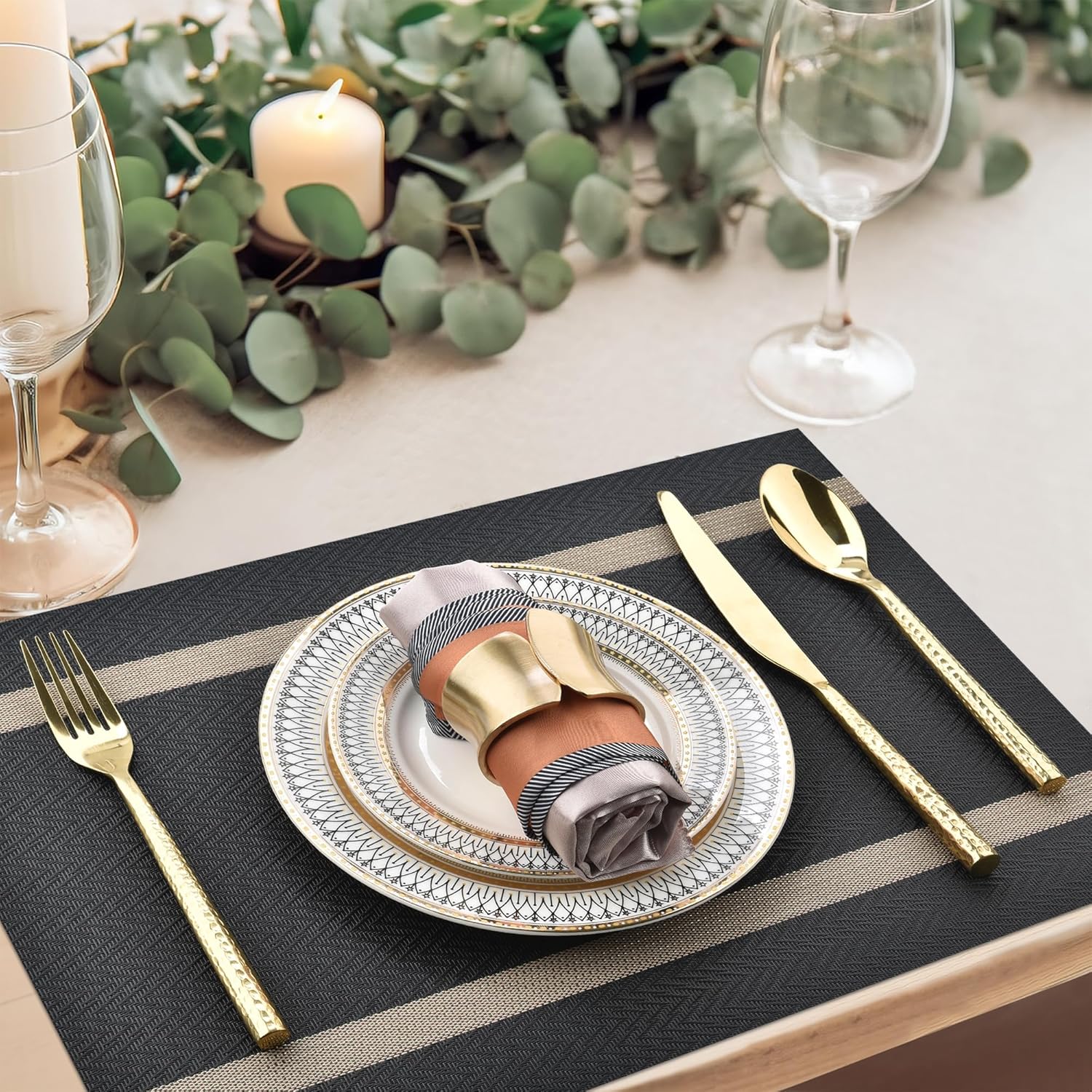 Black Placemats Set of 8 - Easy Clean Modern Durable Washable Vinyl Place Mats - Heat Resistant