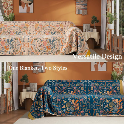 Boho Throw Blanket Twin Size, Soft Cozy Cotton Muslin Quilt Blanket for Bed Decor, Floral Patterned