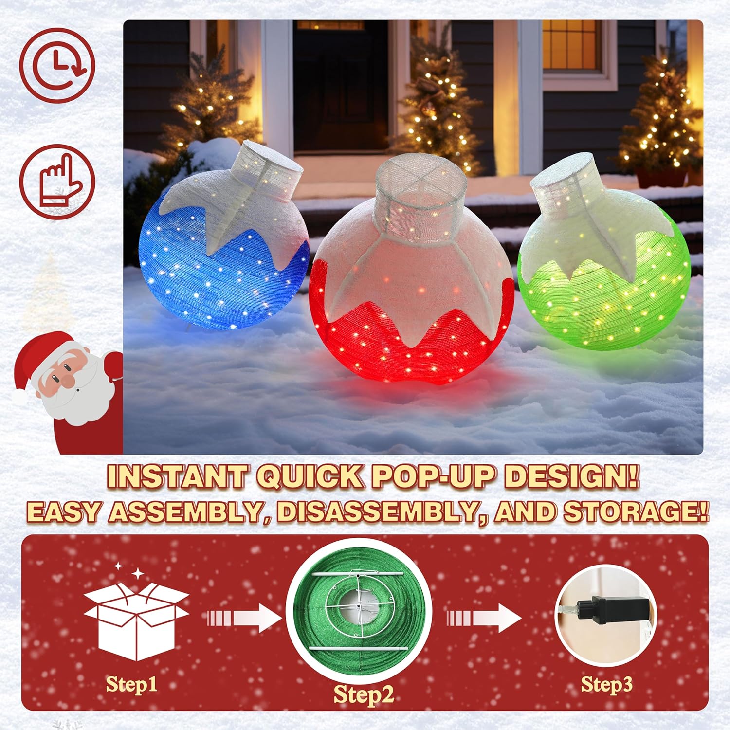 36 Inch Pop-Up Christmas Ball with 90 LED Lights for Outdoor Xmas Decor, 3-Piece Pre-Lit Iridescent