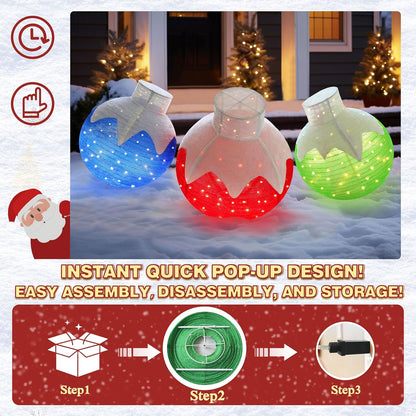 36 Inch Pop-Up Christmas Ball with 90 LED Lights for Outdoor Xmas Decor, 3-Piece Pre-Lit Iridescent