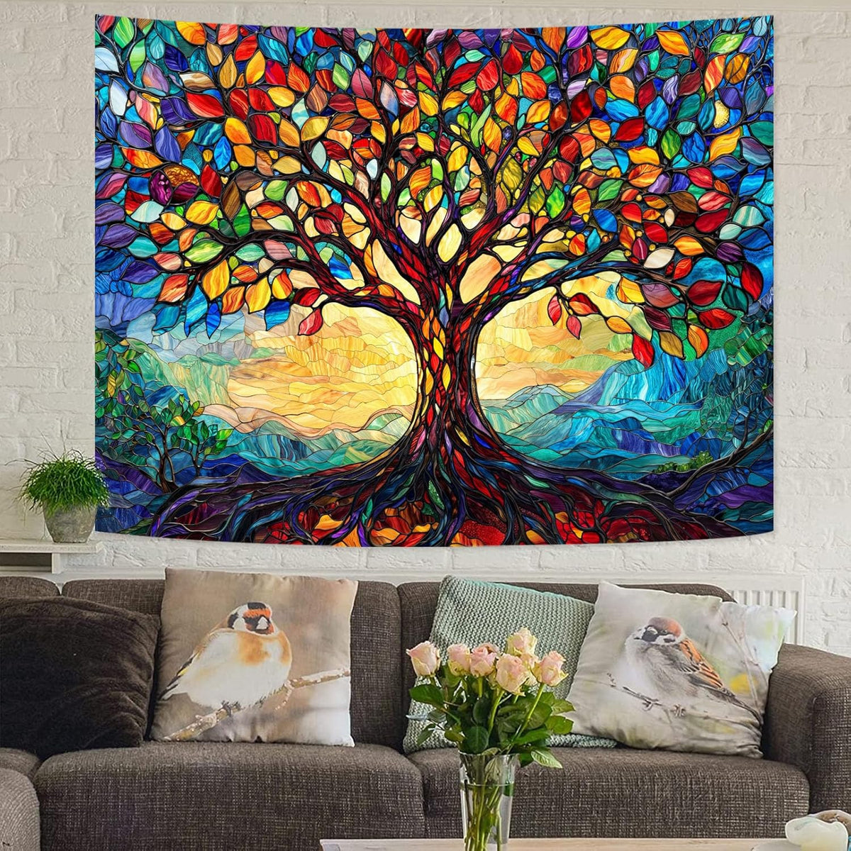 Lunerfex Tree of Life Tapestry Stained Glass Tapestry Wall Decor Tapestries for Bedroom Art