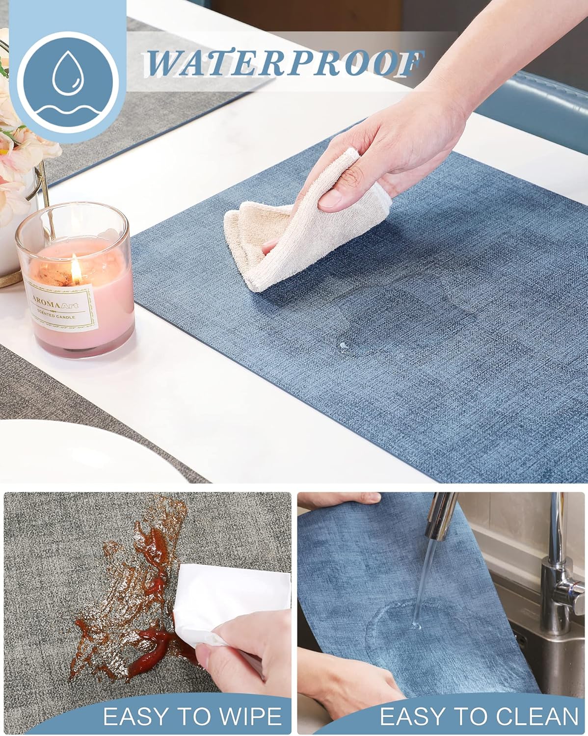 SUEH DESIGN Leather Placemats Set of 6 Reversible Table Mats Heat Resistant Waterproof No-Slip