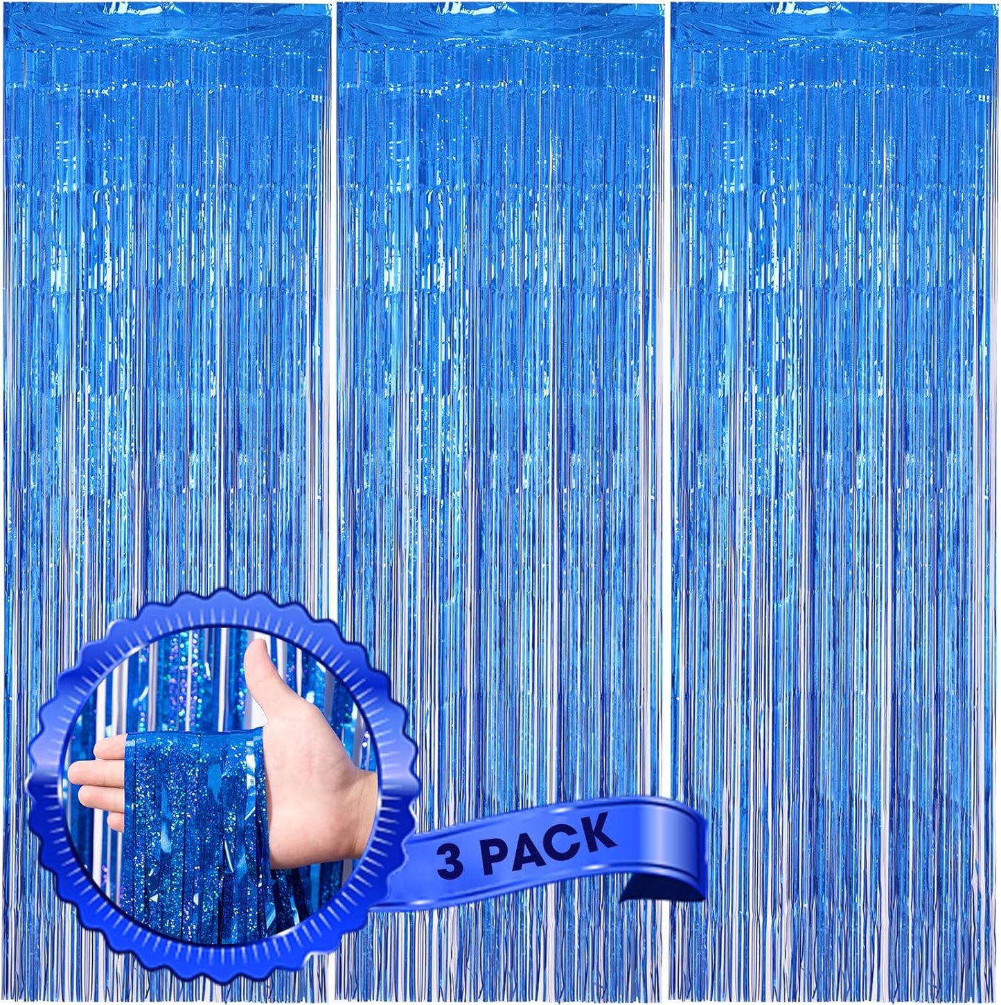 3 Pack 3.3 x 8.2 ft Laser Blue Foil Fringe Backdrop Curtains, Tinsel Streamers Birthday Party