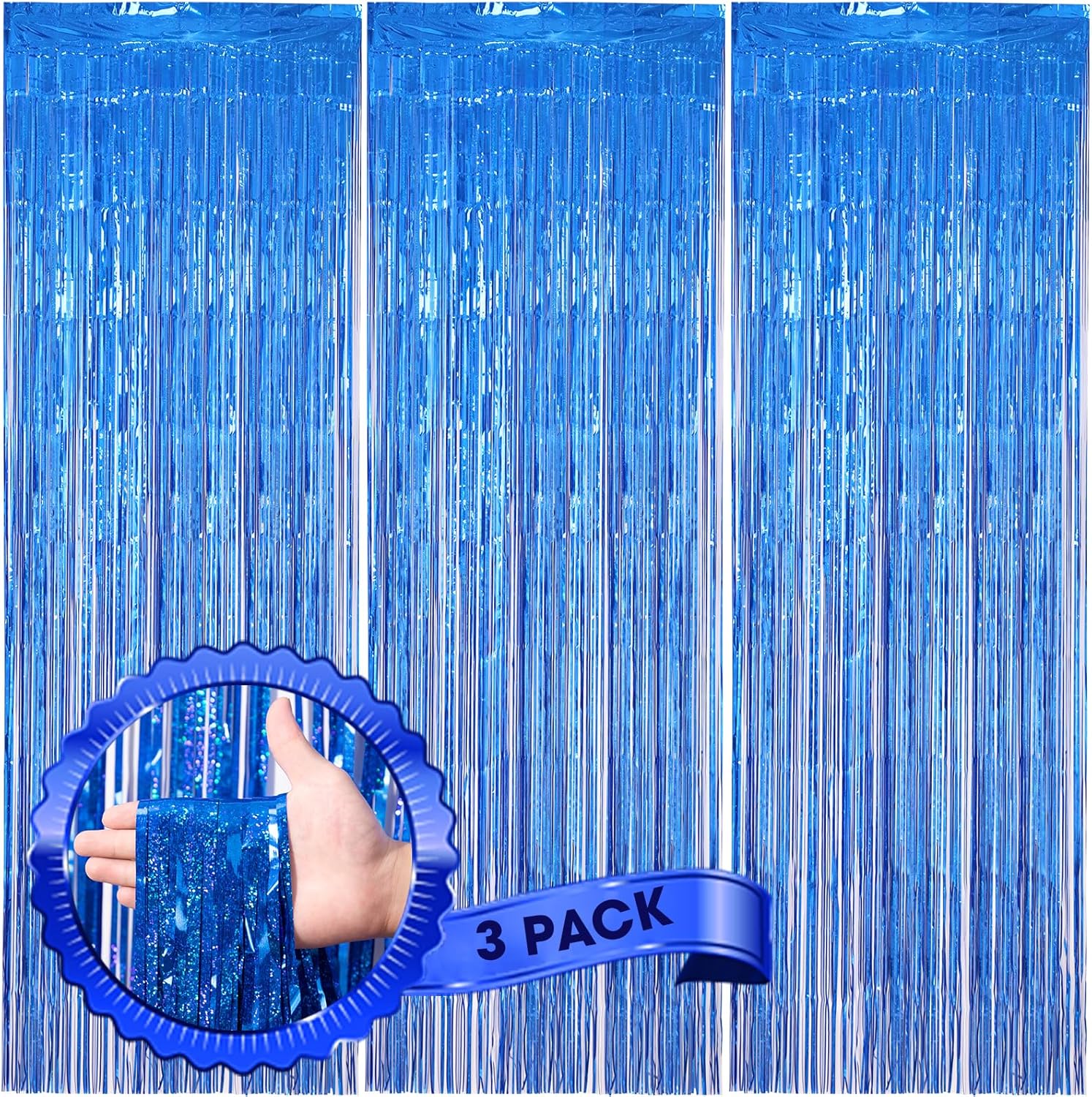 3 Pack 3.3 x 8.2 ft Laser Blue Foil Fringe Backdrop Curtains, Tinsel Streamers Birthday Party