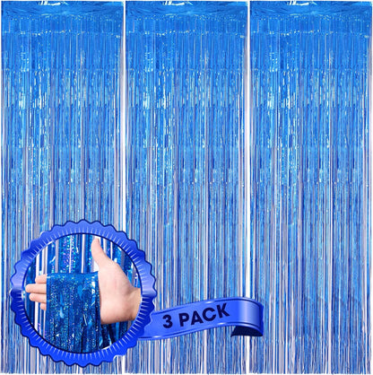 3 Pack 3.3 x 8.2 ft Laser Blue Foil Fringe Backdrop Curtains, Tinsel Streamers Birthday Party