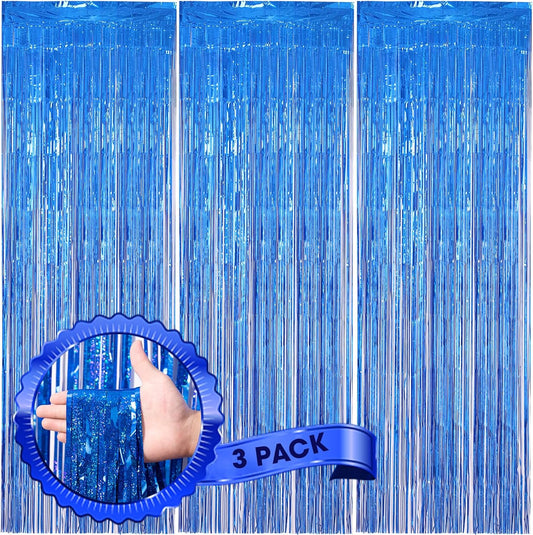 3 Pack 3.3 x 8.2 ft Laser Blue Foil Fringe Backdrop Curtains, Tinsel Streamers Birthday Party