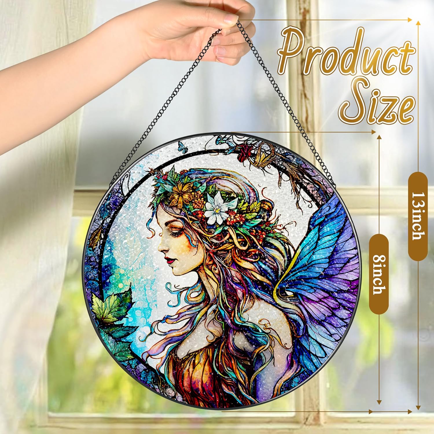 Stained Glass Window Hanging, LAOWEIKI 8'' Fairy Suncatcher, Stained Glass Ornament, Suncatchers