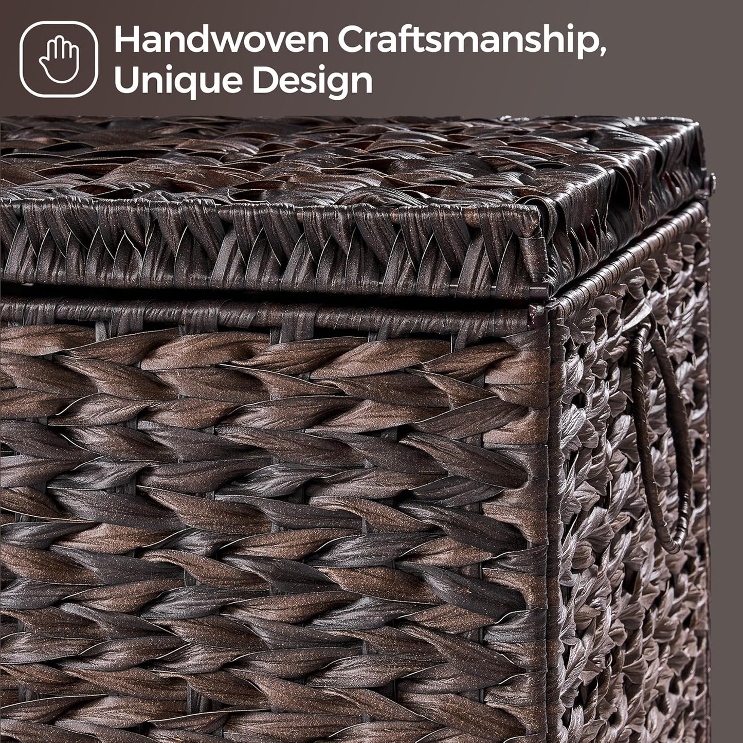 Handwoven Storage Basket with Lid, 165L Plastic Rattan Storage Bin, Leather Buckle & Metal Frame