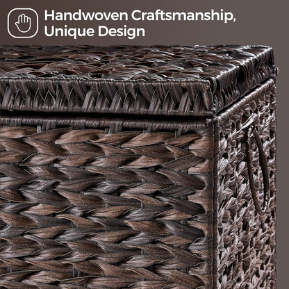 Handwoven Storage Basket with Lid, 165L Plastic Rattan Storage Bin, Leather Buckle & Metal Frame