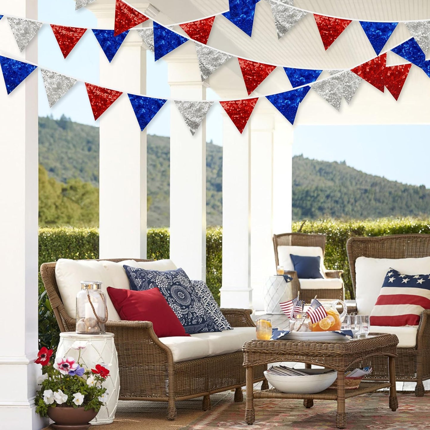 pinkblume Red Blue Silver Decorations Double Sided Sequin Fabric Triangle Pennant Banner Flag