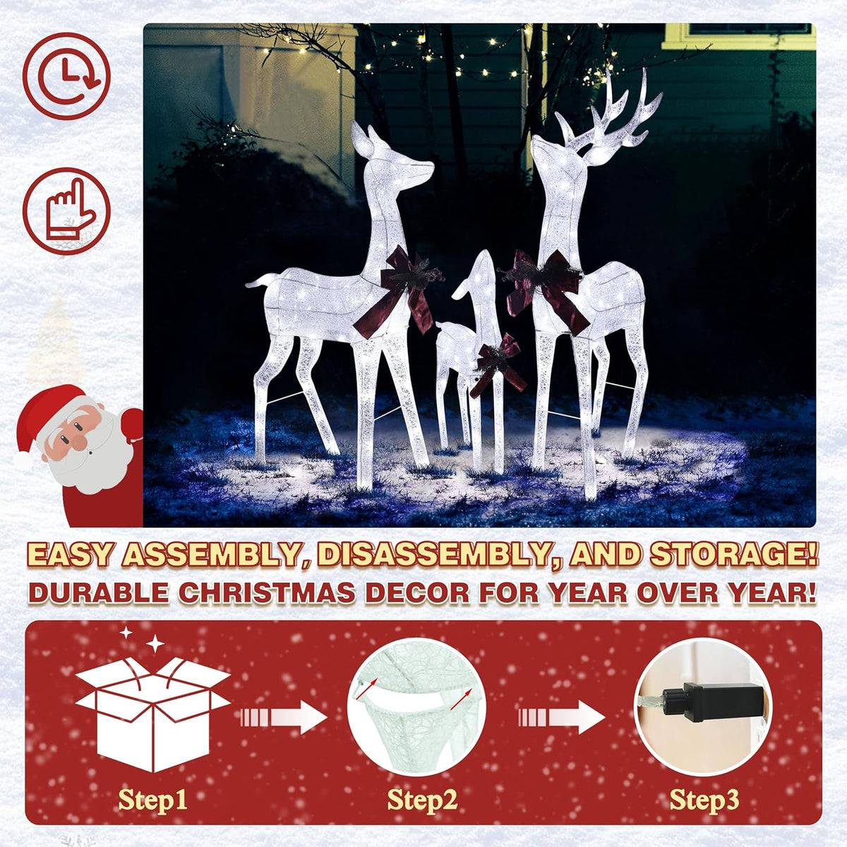 4.5FT Lighted Reindeer Family Set for Christmas Decoration, 3 Pieces Pre-Lit Iridescent Deer Xmas