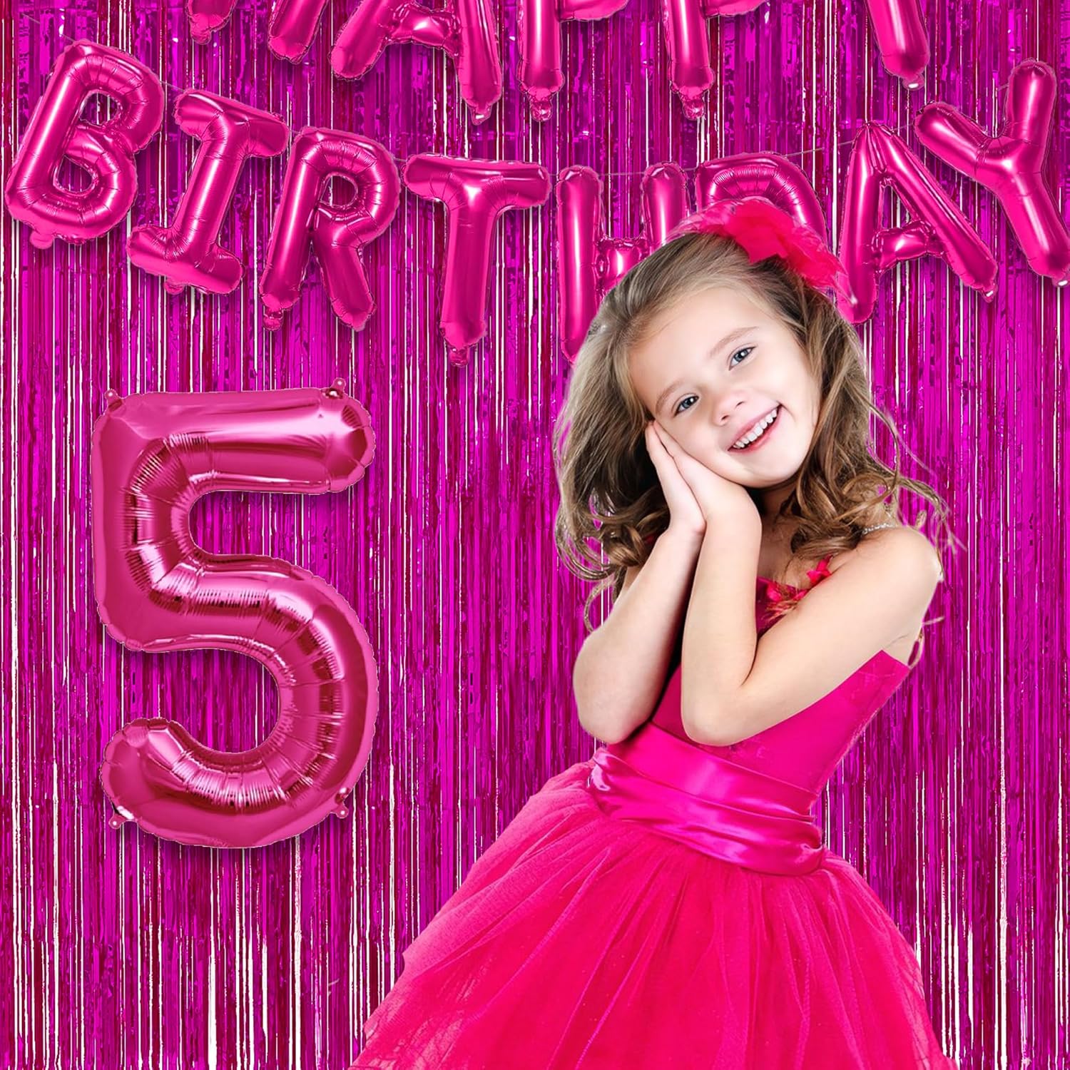 Hot Pink Party Streamers Backdrop - GREATRIL Shiny Fuchsia Tinsel Foil Fringe Curtain for