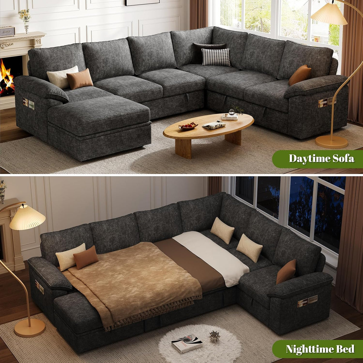 108 Inch Sectional Sleeper Sofa with Pull Out Bed,U Shaped 7 Seat Modular Sectional Sofa with