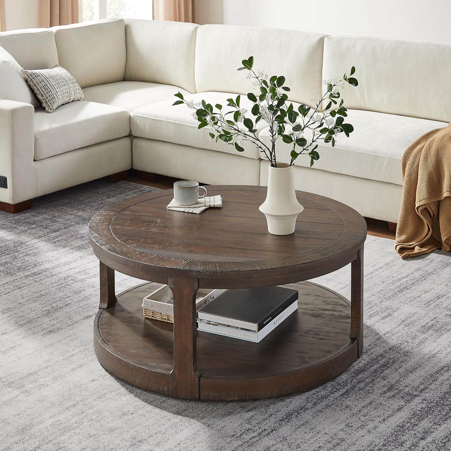 WILLIAMSPACE 40" Round Coffee Table with Wheels, Circle 2 Tier Solid Wood Center Coffee Table, Mid