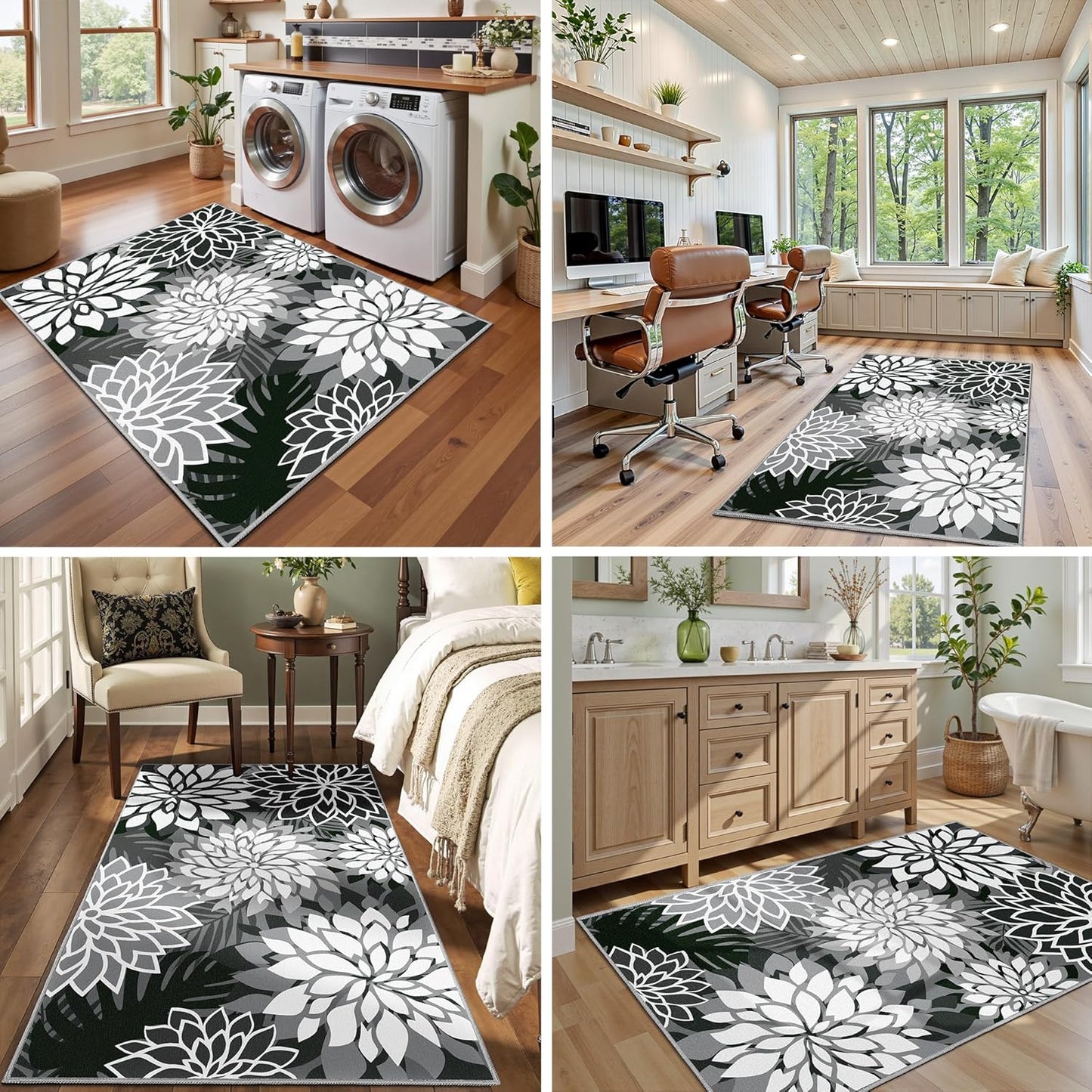 Area Rug 3x5 Black White Washable Entry Rug Multicolored Tropical Botanical Modern Floral Indoor