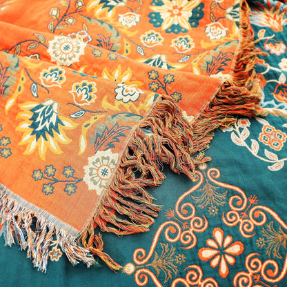 Boho Large Throw Blanket, 100% Organic Cotton Breathable Soft Bed Throw - Floral Farmhouse Decor