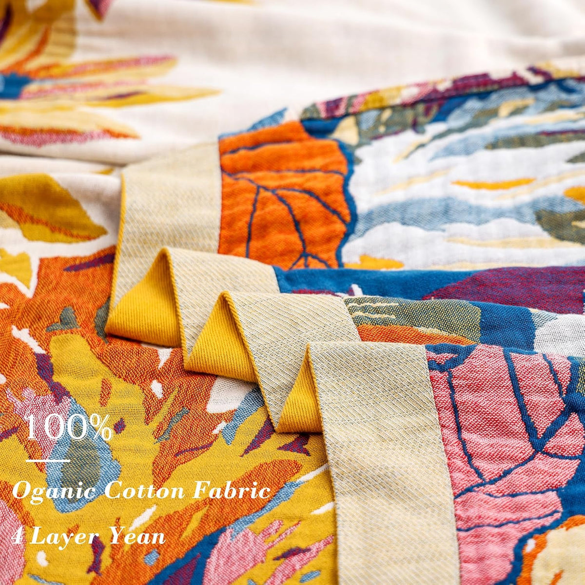 Boho Large Throw Blanket, 100% Organic Cotton Breathable Soft Bed King Throw - Fall Floral Bird