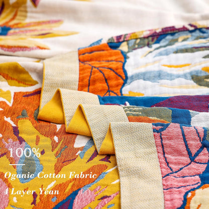 Boho Large Throw Blanket, 100% Organic Cotton Breathable Soft Bed King Throw - Fall Floral Bird