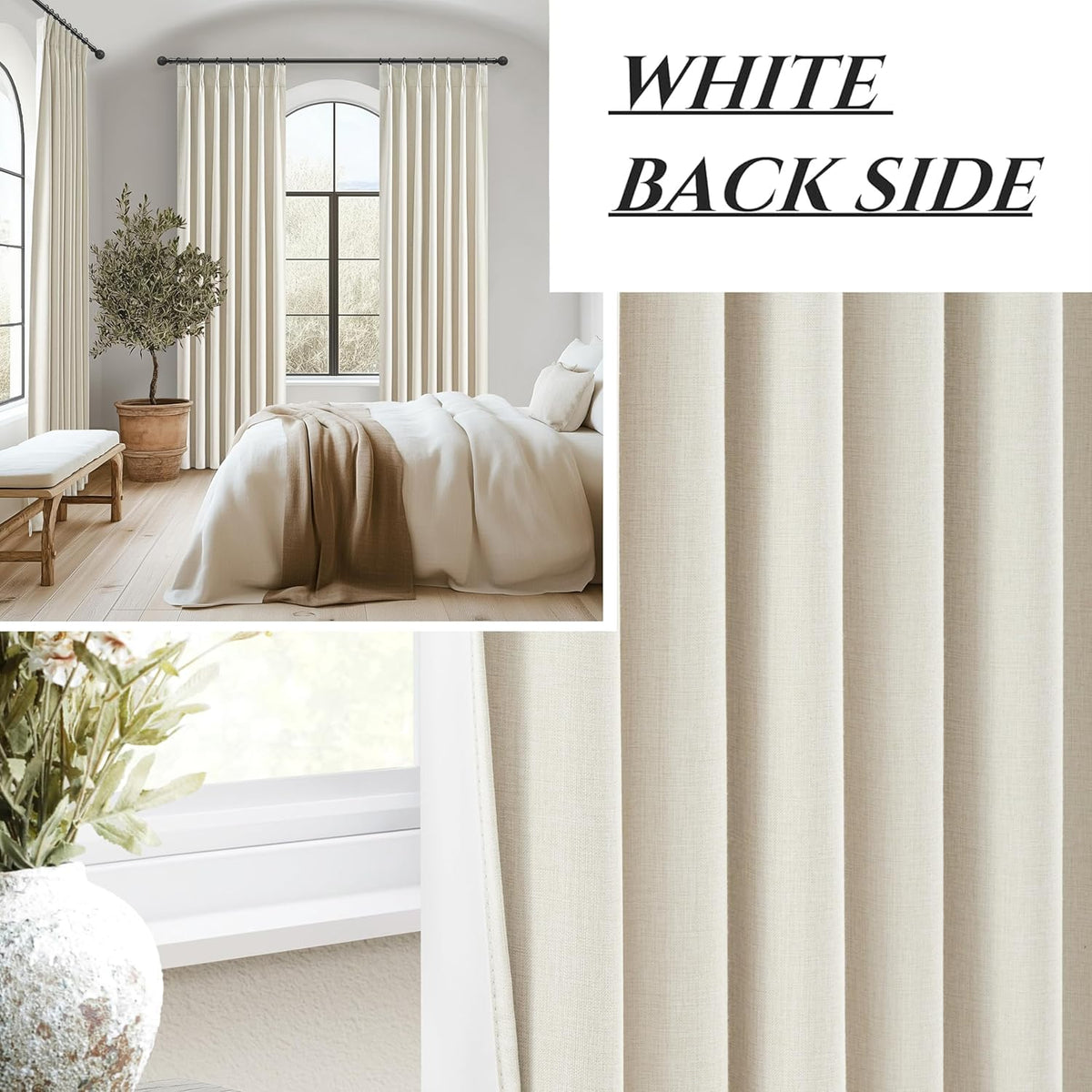 Pinch Pleat Cream Linen 102 Inch Long Curtains for Dining Room 2 Panels Set, Neutral Blackout Viral