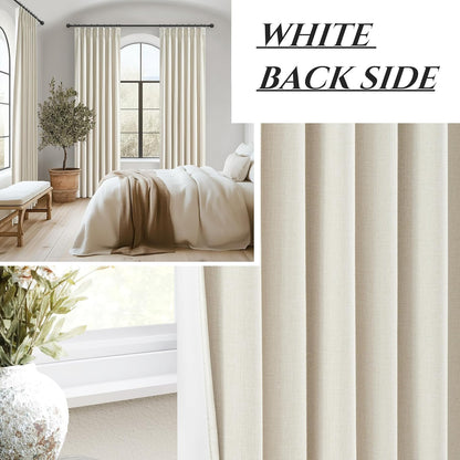 Pinch Pleat Cream Linen 102 Inch Long Curtains for Dining Room 2 Panels Set, Neutral Blackout Viral