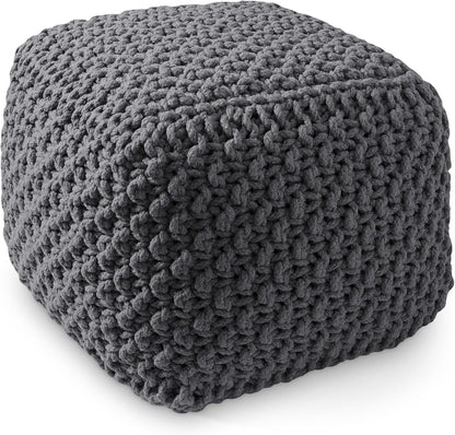 Casafield Square Pouf Ottoman, Dark Gray 18.5" W x 18.5" D x 14.5" H Cotton Knit Foot Stool - Boho