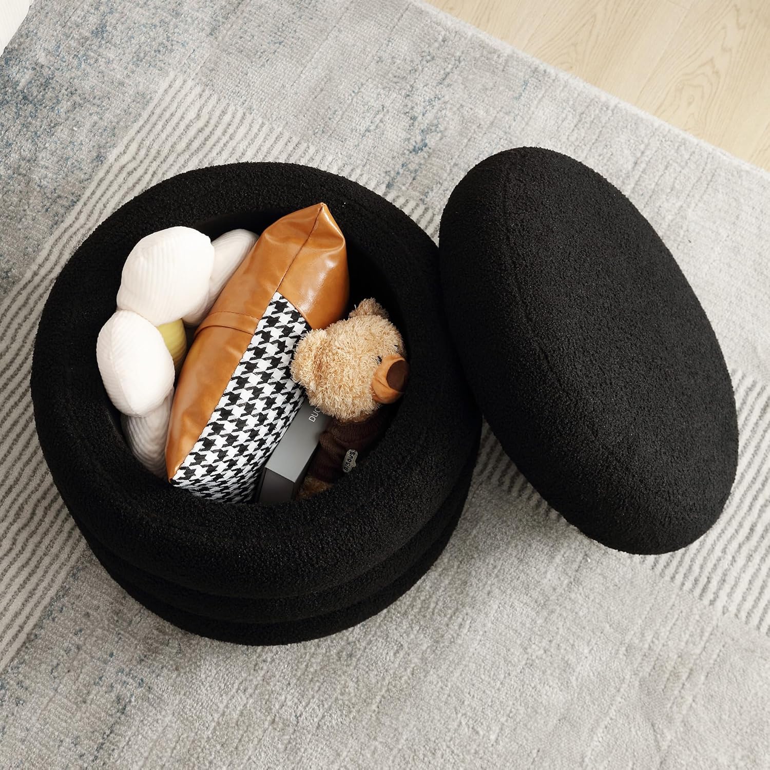 ONEVOG Sherpa Storage Ottoman, Foot Rest Stool Seat for Living Room, Black Vanity Foot Pouf, Tufted