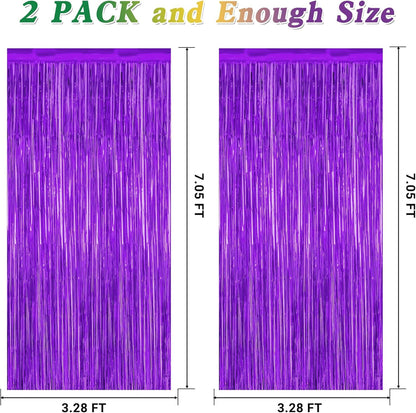 2 Pack Backdrop Curtains, 3.28 FT x 7.05 FT Purple Tinsel Backdrop, Metallic Purple Backdrop Fringe