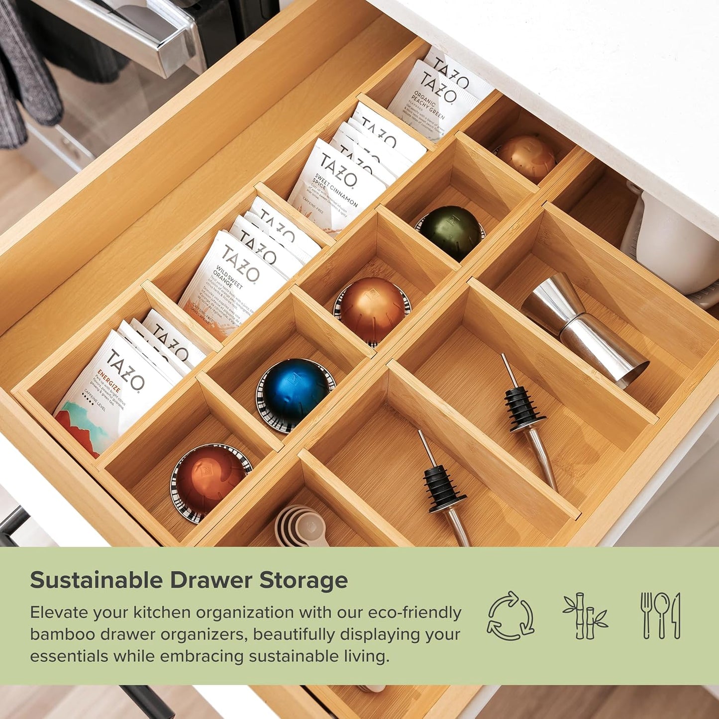 Premium Utensils and Tea Bag Drawer Organizers – 14-Compartment Design with Removable Dividers