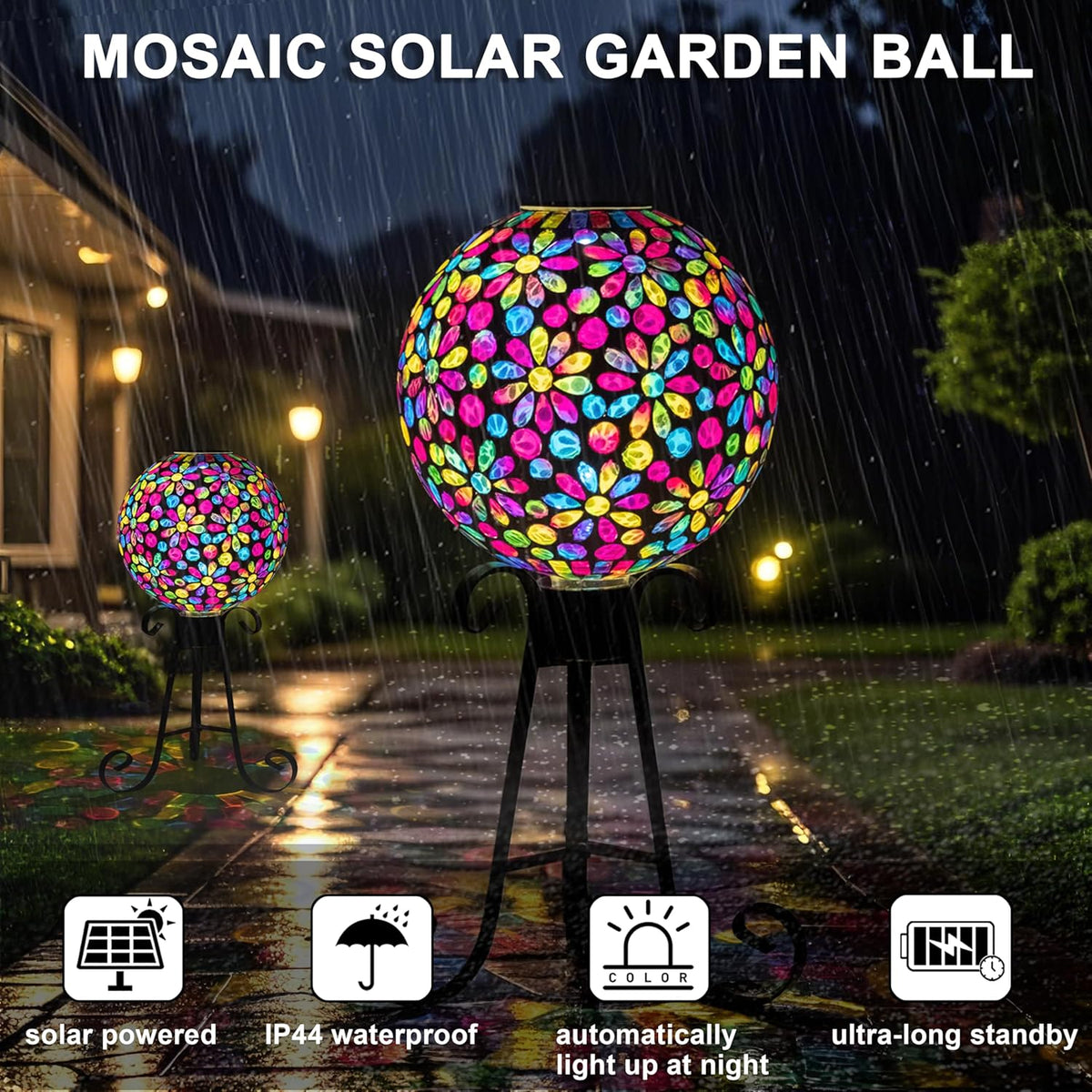 VOREEN 10" Mosaic Glass Gazing Ball with Solar Light, Outdoor Solar Gazing Globe, Handmade IP44