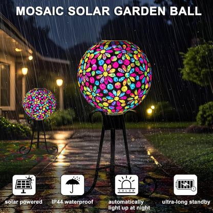VOREEN 10" Mosaic Glass Gazing Ball with Solar Light, Outdoor Solar Gazing Globe, Handmade IP44