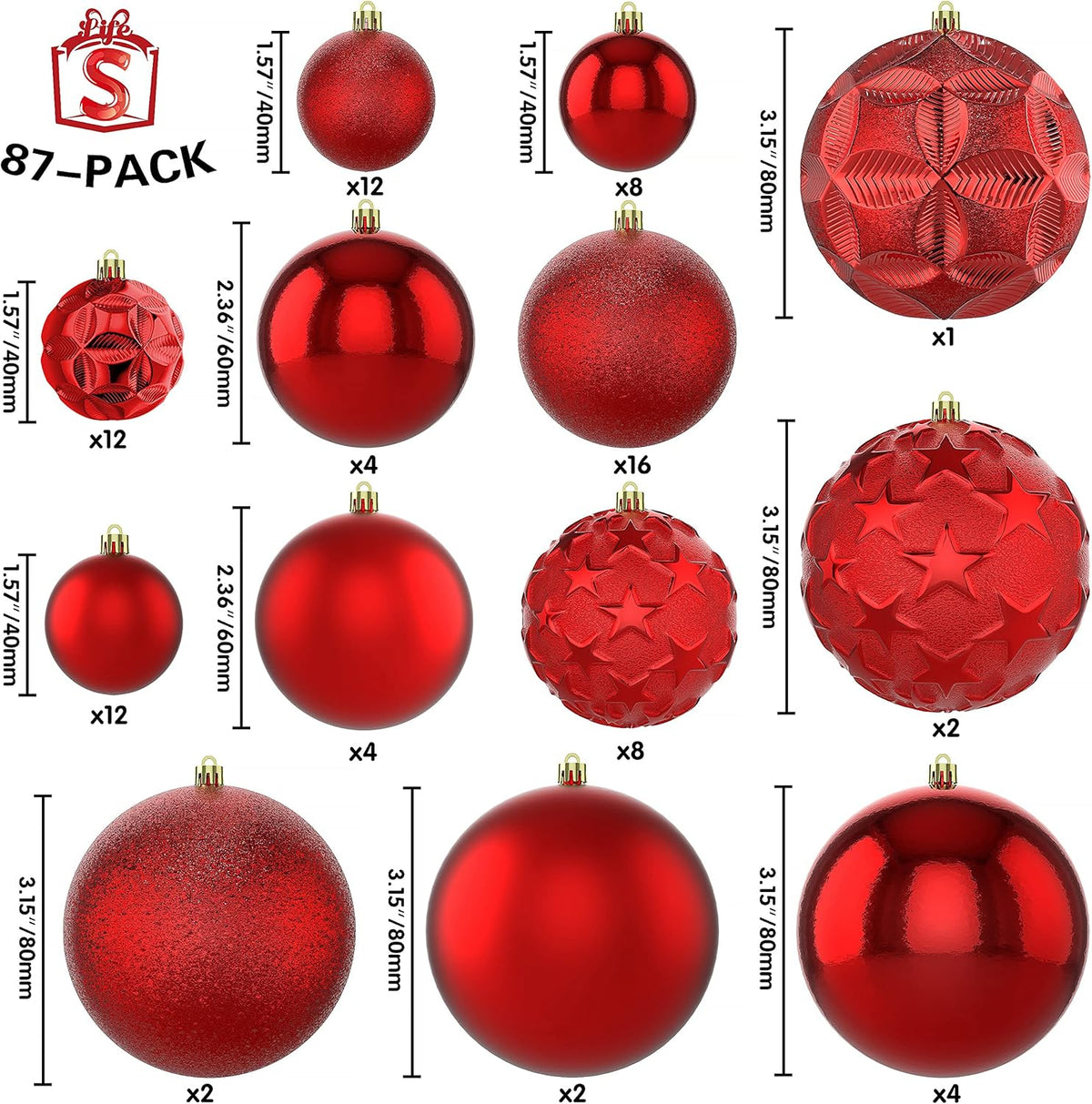87ct Christmas Ball Ornaments Set Shatterproof Seasonal Hanging Decorations with Reusable Hand-held