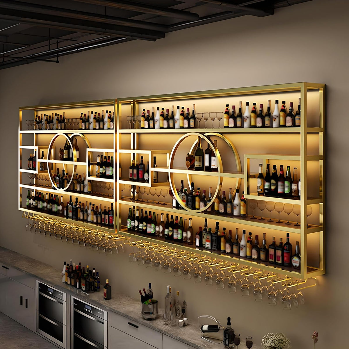 47.2in Wall Mounted Wine Rack, Modern Metal Wine Bottle and Glass Holder, Iron Display Stand