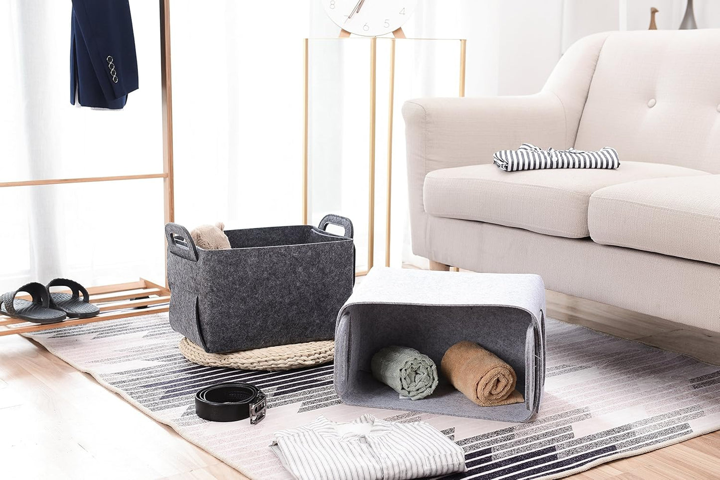 Storage Basket Felt Storage Bin Collapsible& Convenient Box Organizer with Carry Handles for Office