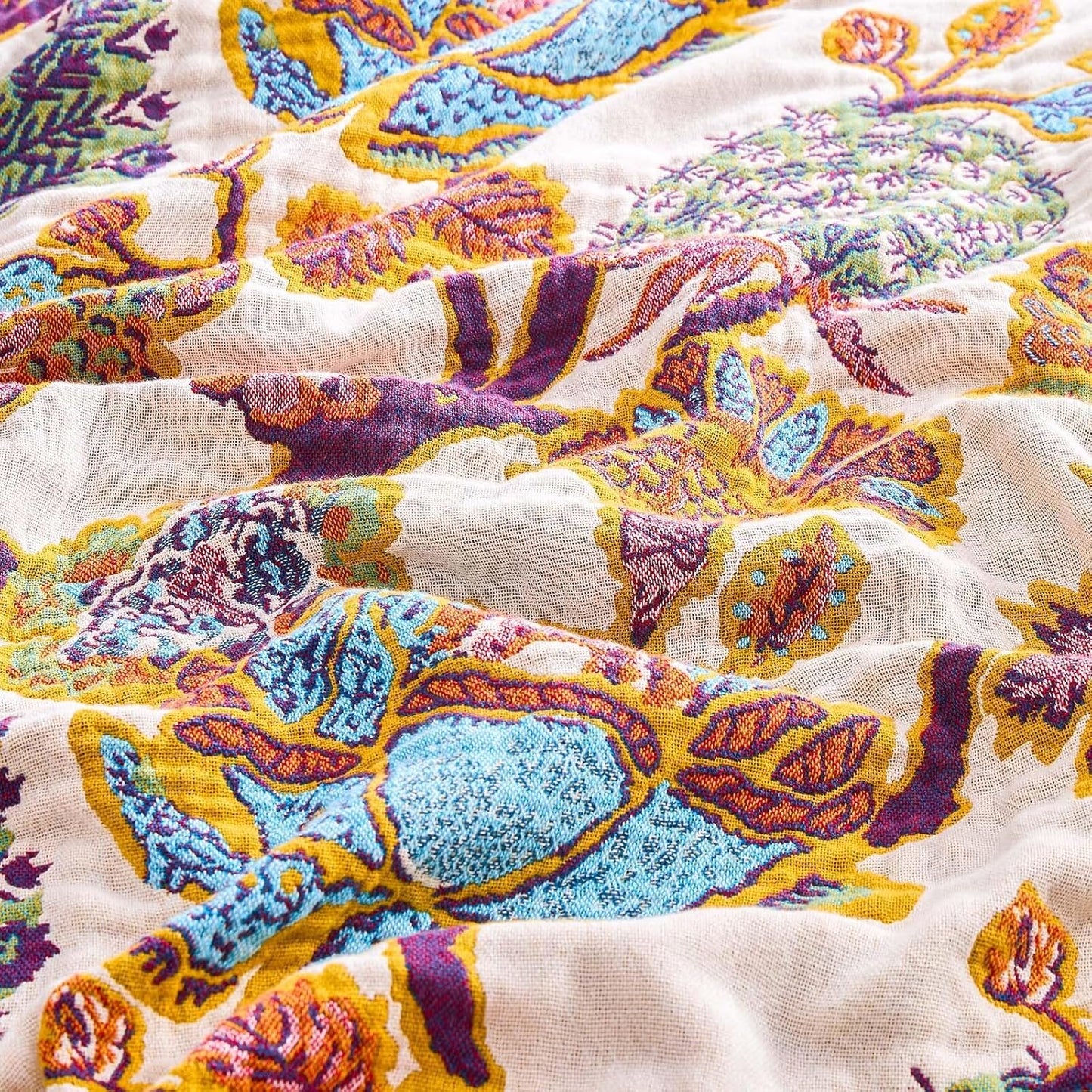 Boho Throw Blanket for Bed, 100% Cotton Soft Rustic Quilt Fall Blanket, 80"x90" Floral Printed