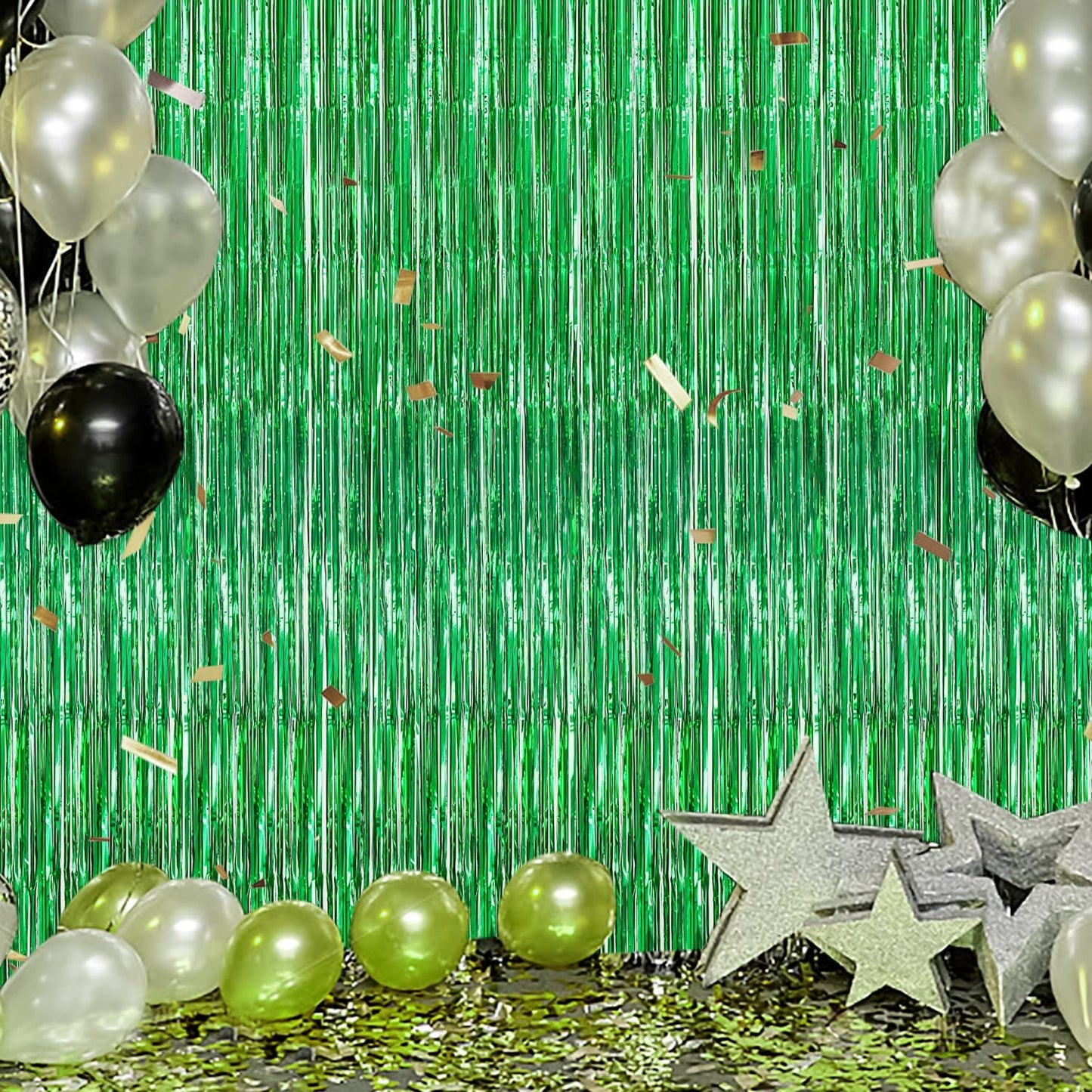3 Pack Foil Fringe Backdrop - Green Shiny Tinsel Curtains for Party Decoration/Photo Booth Props