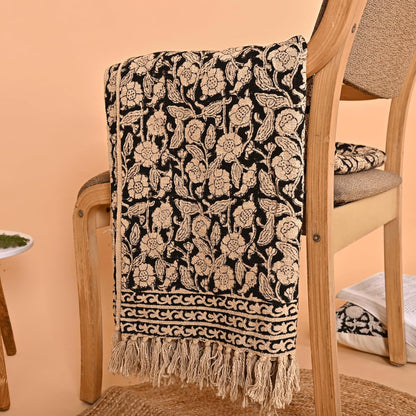 Handmade Cotton Throw Blanket, Floral Block Print, Black and Beige Wrap, 47x71 inches Decorative