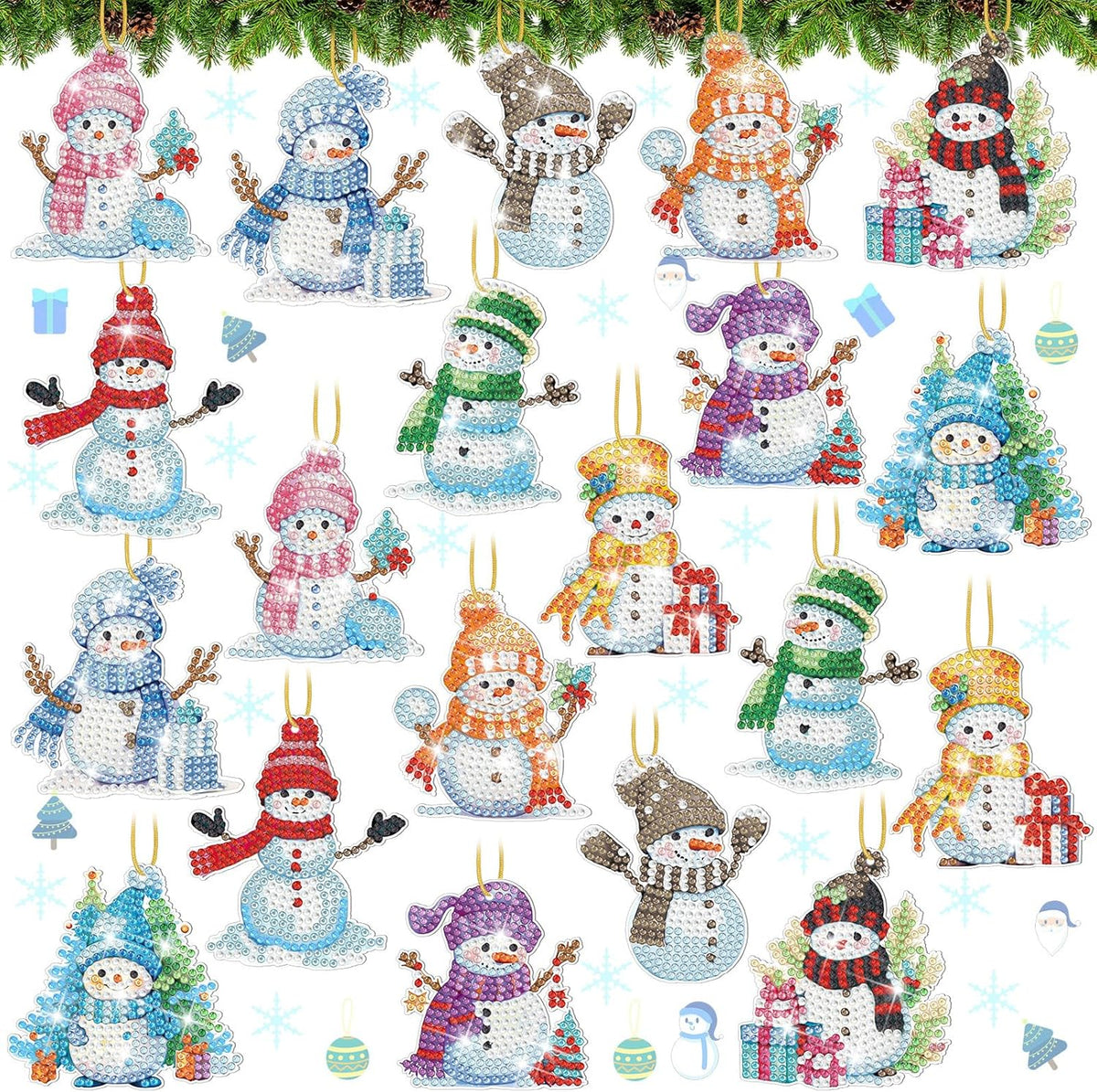 Skylety 20 Pcs Christmas Diamond Art Ornaments Kit Cute Snowman Diamond Painting Ornaments Tag DIY