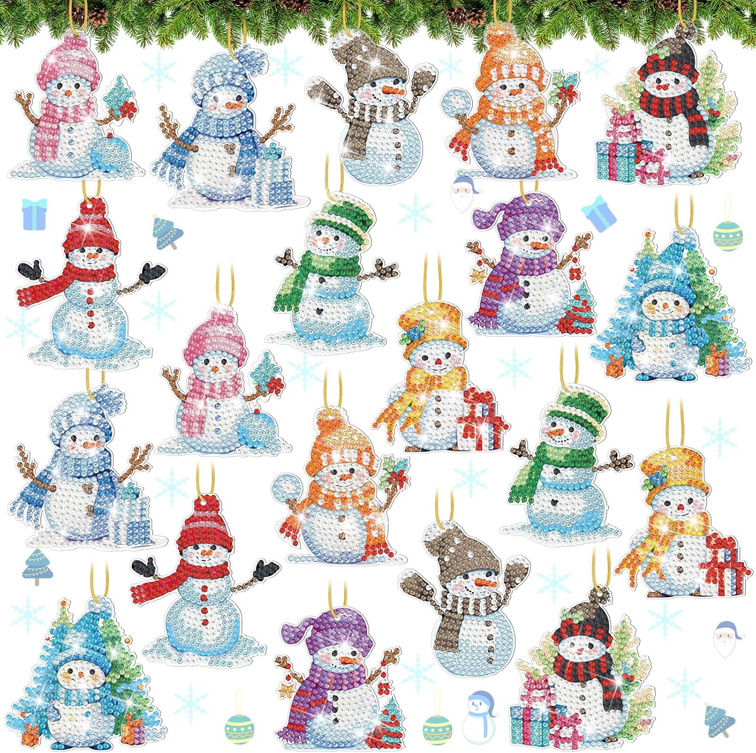 Skylety 20 Pcs Christmas Diamond Art Ornaments Kit Cute Snowman Diamond Painting Ornaments Tag DIY