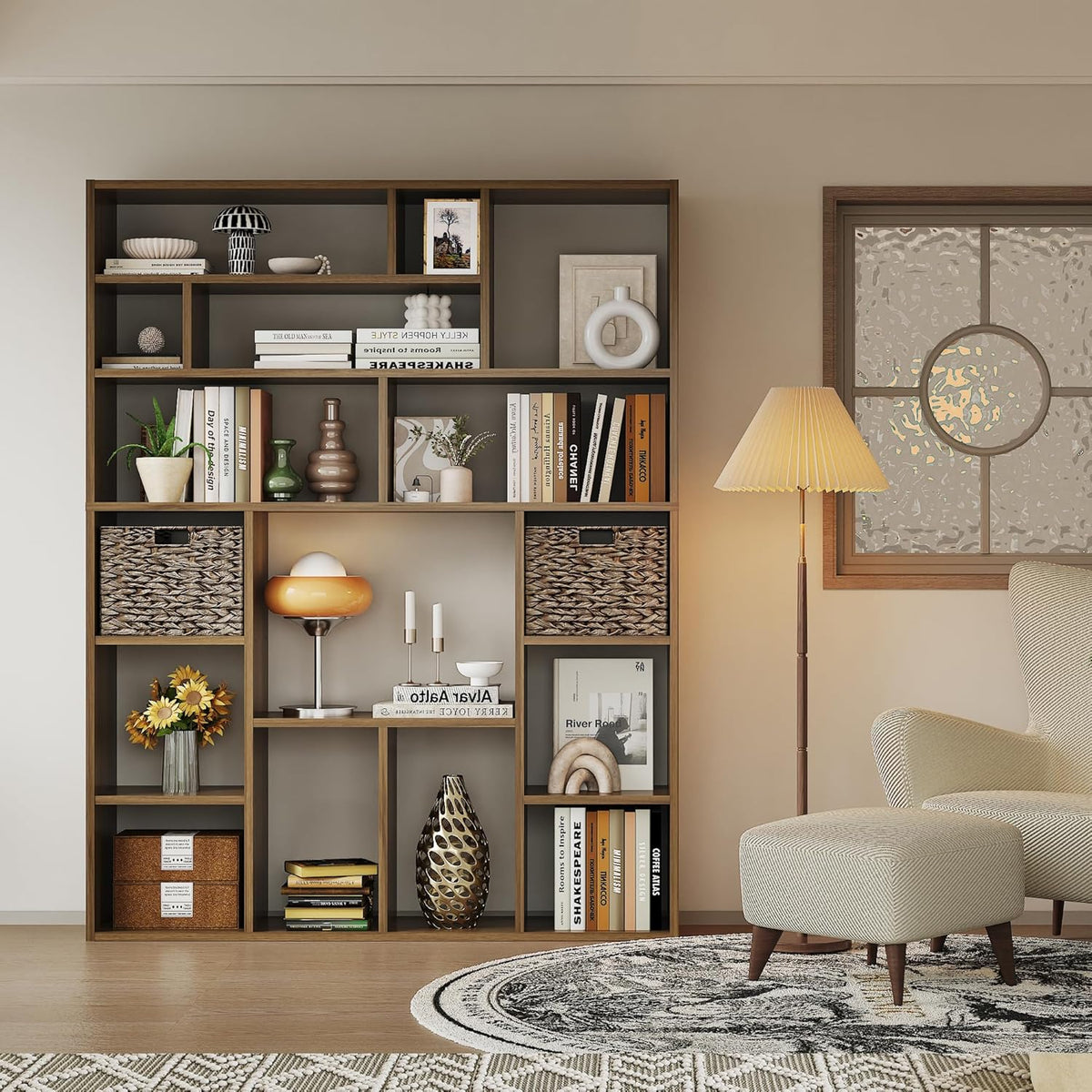 71” Tall Wooden Bookcase 6-Tier Large Bookshelves with 2 Woven Baskets, 55" Wide Floor Standing