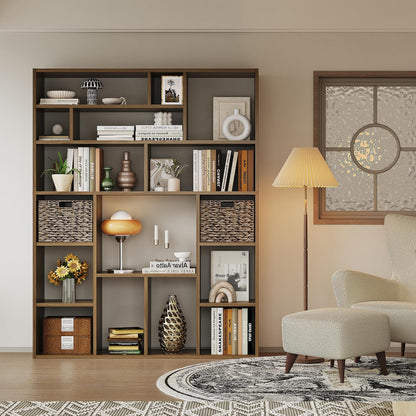 71” Tall Wooden Bookcase 6-Tier Large Bookshelves with 2 Woven Baskets, 55" Wide Floor Standing