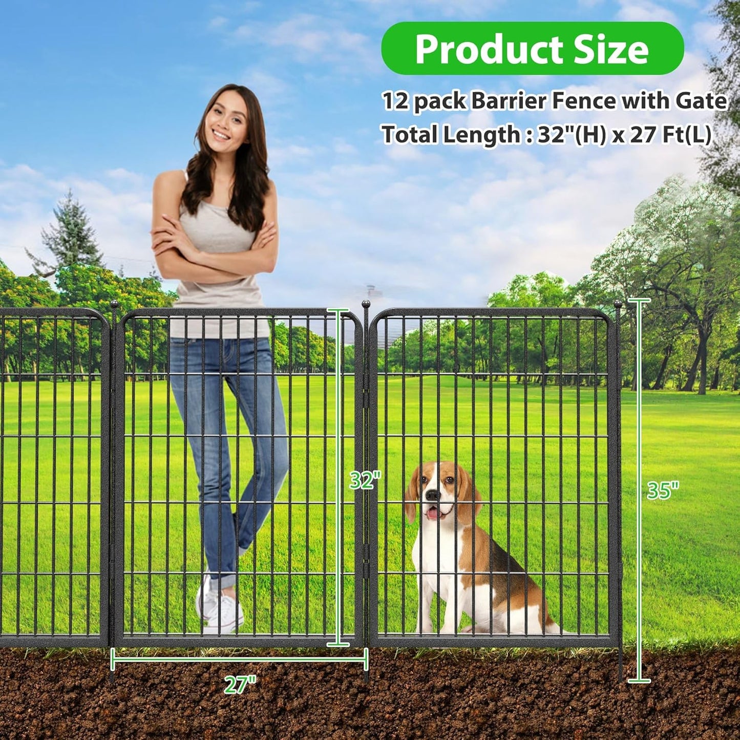 Decorative Black Metal Garden Fence, 27ft(L) 32in(H) 12 Fence Panels No Dig Fence Rustproof Animal