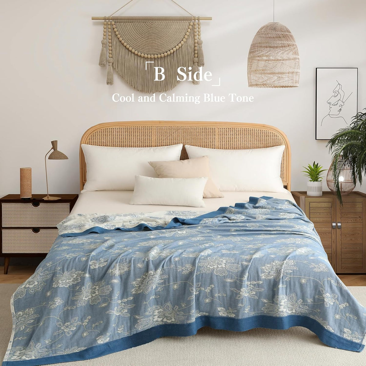 Boho Throw Blanket Twin Size, Soft Cozy Cotton Muslin Quilt Blanket for Bed Decor, Floral Patterned