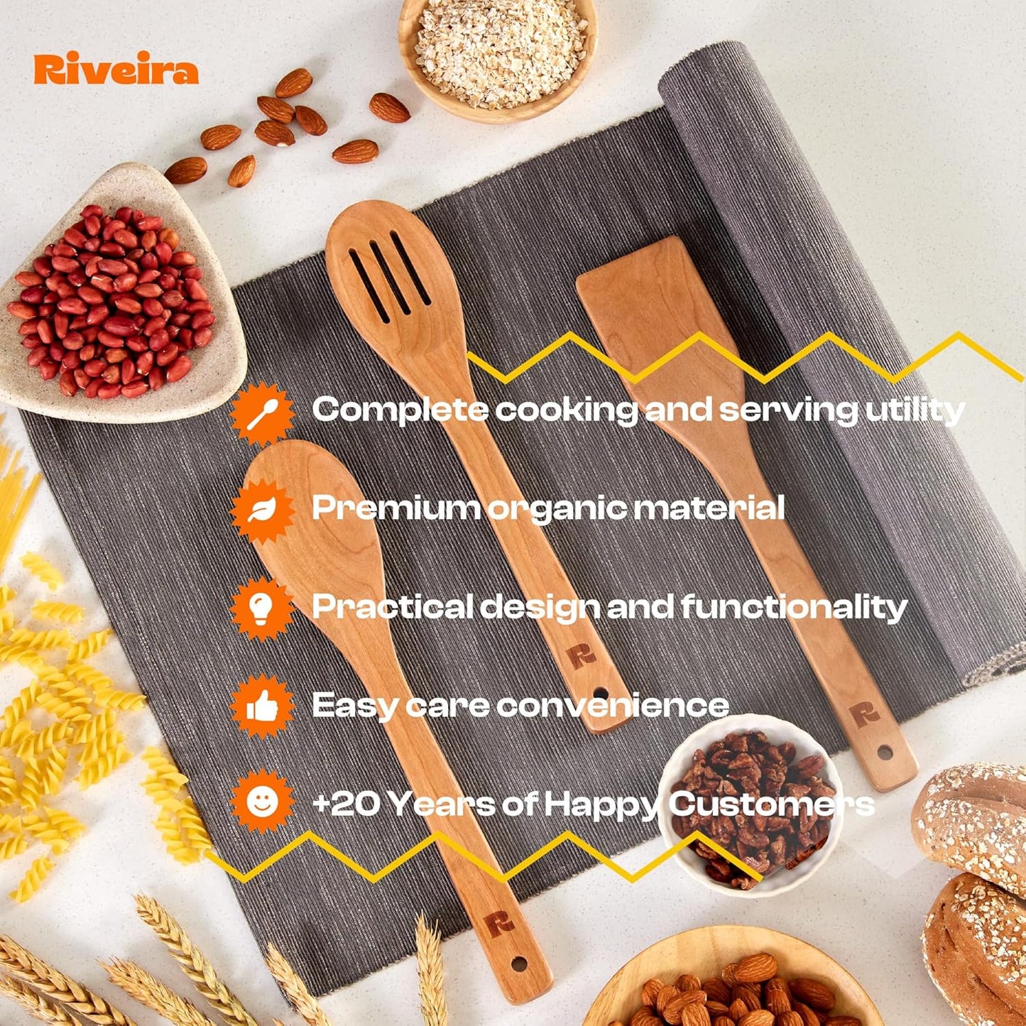 Riveira Cherry Wooden Spoons for Cooking Set of 3 – Natural Cherry Wooden Cooking Utensils, Wooden